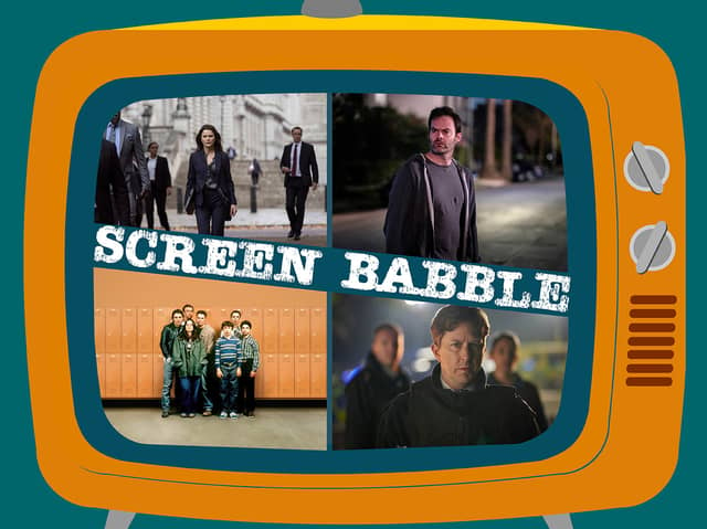 The orange Screen Babble television, featuring images from The Diplomat, Barry, The Hunt for Raoul Moat, and Freaks and Geeks, as discussed in episode 23 (Credit: NationalWorld Graphics)