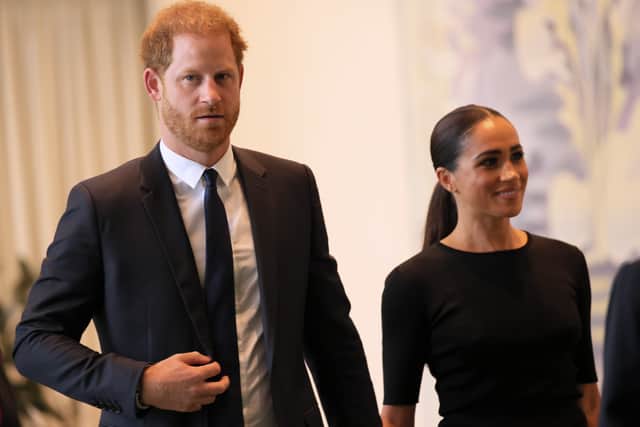 Harry, Duke of Sussex and Meghan, Duchess of Sussex arrive at the United Nations Headquarters on July 18, 2022 in New York City. Prince Harry, Duke of Sussex is the keynote speaker during the United Nations General assembly to mark the observance of Nelson Mandela International Day where the 2020 U.N. Nelson Mandela Prize will be awarded to Mrs. Marianna Vardinogiannis of Greece and Dr. Morissanda KouyatÃ© of Guinea.  (Photo by Michael M. Santiago/Getty Images)