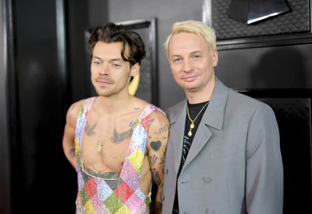 Harry Styles and Kid Harpoon aka Tom Hull (R) attend the 65th GRAMMY Awards on February 05, 2023 in Los Angeles, California. (Photo by Neilson Barnard/Getty Images for The Recording Academy)