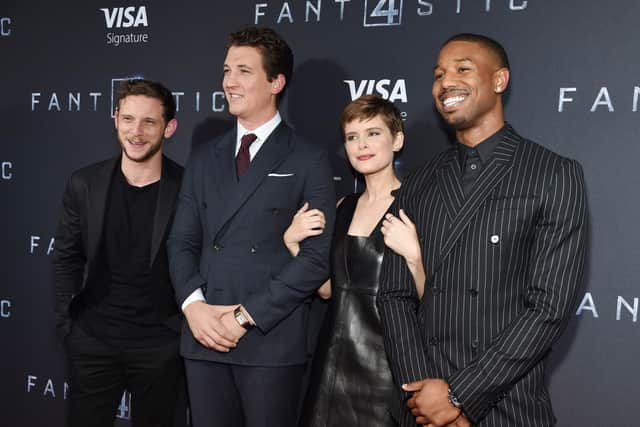 Actors Jamie Bell, Miles Teller, Kate Mara, and Michael B. Jordan attend the New York premiere of "Fantastic Four" at Williamsburg Cinemas on August 4, 2015 in New York City.  (Photo by Jamie McCarthy/Getty Images)