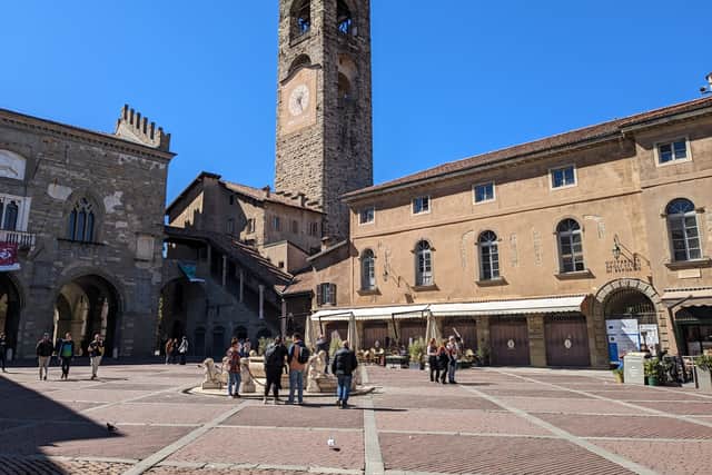 The Campanone, or civic tower, which stands at the corner of the Città Alta's main square, Piazza Vecchia