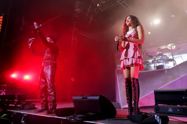 Zendaya (R) performs with Labrinth at the Mojave Tent at Coachella. Picture: Michael Loccisano/Getty Images for Coachella