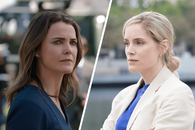 Keri Russell as Kate Wyler in Netflix's The Diplomat; Sophie Rundle as Laura Simmonds in Alibi's The Diplomat (Credit: Netflix/UK TV)