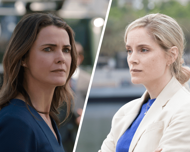 Keri Russell as Kate Wyler in Netflix's The Diplomat; Sophie Rundle as Laura Simmonds in Alibi's The Diplomat (Credit: Netflix/UK TV)