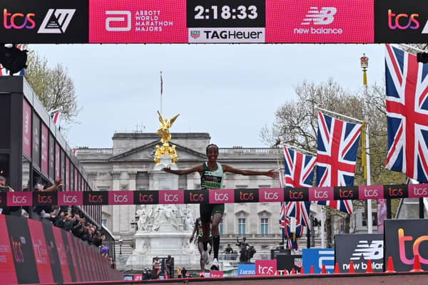 Sifan Hassan crosses the finishing line at the TCS London Marathon