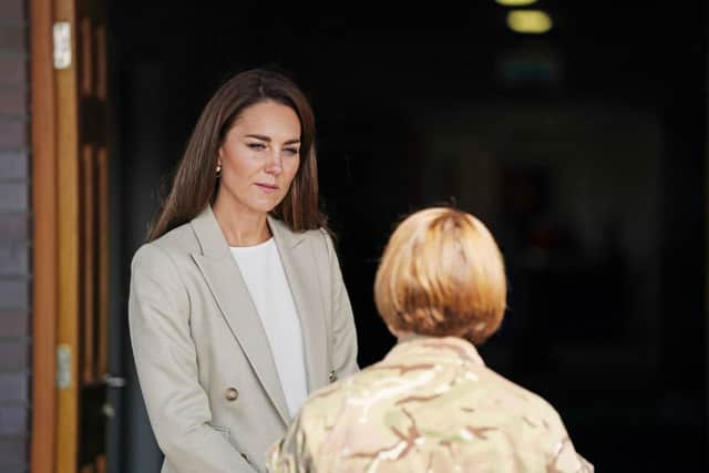 Kate wore the same Reiss blazer when she visited those who supported the UK's evacuation of civilians from Afghanistan at RAF Brize Norton on September 15, 2021. (Photo by Steve Parsons - WPA Pool/Getty Images