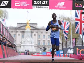 Kelvin Kiptum breaks the tape to win TCS London Marathon in new course record