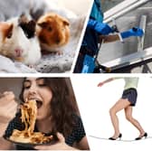 Some of the most bizarre Guinness World Records, including a guinea high jump, a long leek, window cleaning, eating pasta quickly and walking a tightrope in high heels.