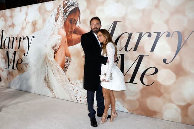 LOS ANGELES, CALIFORNIA - FEBRUARY 08:(L-R) Ben Affleck and Jennifer Lopez attend the Los Angeles Special Screening Of "Marry Me" on February 08, 2022 in Los Angeles, California. (Photo by Frazer Harrison/Getty Images)