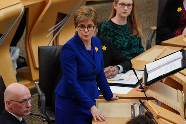 Nicola Sturgeon, First Minister of Scotland, is seen during her final First Ministers Questions on March 23, 2023 in Edinburgh, Scotland.  (Photo by Peter Summers/Getty Images)