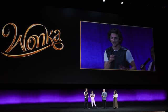 Timothee Chalamet talking about his role in Wonka and Dune: Part Two at CinemaCon 2023 (Credit: Getty Images)
