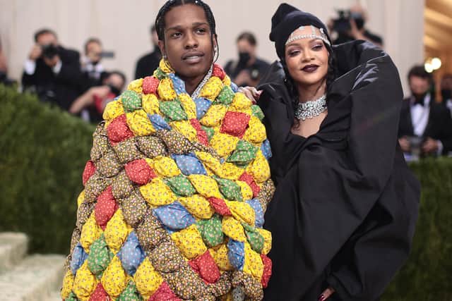 NEW YORK, NEW YORK - SEPTEMBER 13: ASAP Rocky and Rihanna attend The 2021 Met Gala Celebrating In America: A Lexicon Of Fashion at Metropolitan Museum of Art on September 13, 2021 in New York City. (Photo by Dimitrios Kambouris/Getty Images for The Met Museum/Vogue )
