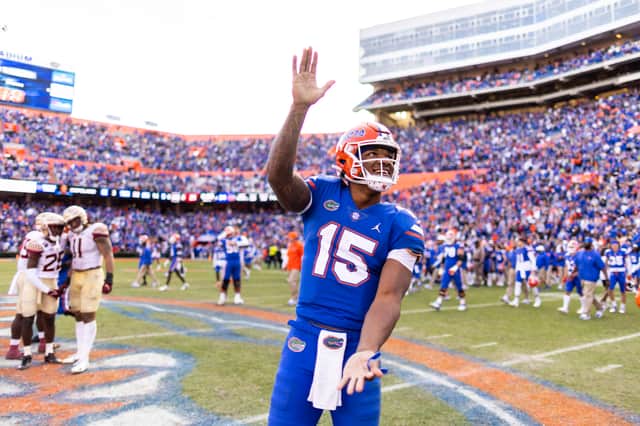 Anthony Richardson #15 of the Florida Gators celebrates after defeating the Florida State Seminoles 24-21 in a game at Ben Hill Griffin Stadium on November 27, 2021 (Image: Getty)