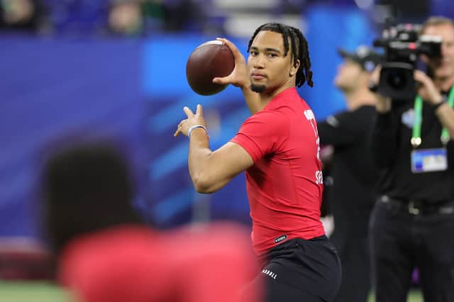CJ Stroud of Ohio State participates in a drill during the NFL Combine at Lucas Oil Stadium on March 04, 2023 (Image: Getty)