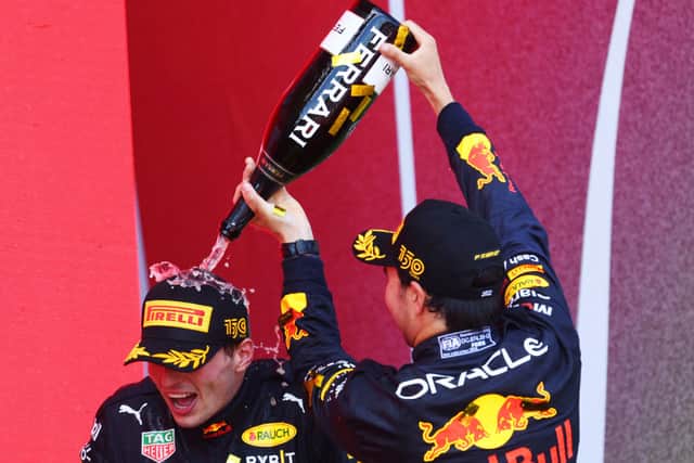 The Red Bull drivers celebrate first and second place in Baku in 2022