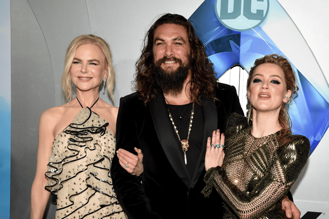 (L-R) Nicole Kidman, Jason Momoa and Amber Heard arrive at the premiere of Warner Bros. Pictures' "Aquaman" at the Chinese Theatre on December 12, 2018 in Los Angeles, California.  (Photo by Kevin Winter/Getty Images)