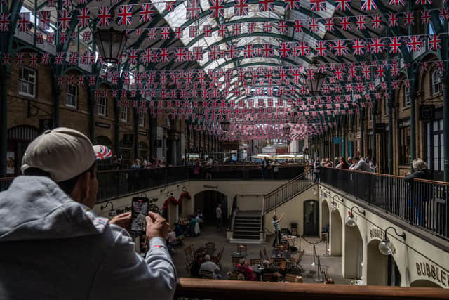 British Union Jack bunting is displayed in Covent Garden Market. Picture: Carl Court/Getty Images