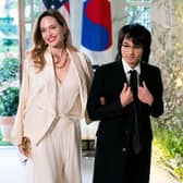 US actress Angelina Jolie and son Maddox arrive for the State Dinner in honor of South Korean President Yoon Suk Yeol, at the White House in Washington, DC, on April 26, 2023. (Photo by Stefani Reynolds / AFP) (Photo by STEFANI REYNOLDS/AFP via Getty Images)