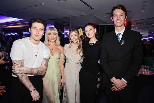 NEW YORK, NEW YORK - APRIL 27: (L-R) Brooklyn Peltz Beckham, Florence Pugh, Geraldine Guyot, Nicola Peltz Beckham, and Alexandre Arnault attend as Tiffany & Co. Celebrates the reopening of NYC Flagship store, The Landmark on April 27, 2023 in New York City. (Photo by Jamie McCarthy/Getty Images for Tiffany & Co.)