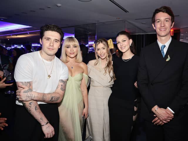 NEW YORK, NEW YORK - APRIL 27: (L-R) Brooklyn Peltz Beckham, Florence Pugh, Geraldine Guyot, Nicola Peltz Beckham, and Alexandre Arnault attend as Tiffany & Co. Celebrates the reopening of NYC Flagship store, The Landmark on April 27, 2023 in New York City. (Photo by Jamie McCarthy/Getty Images for Tiffany & Co.)