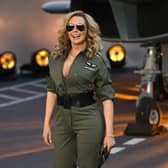 British television personality Carol Vorderman poses on the red carpet upon arrival for the UK premiere of the film "Top Gun: Maverick" in London, on May 19, 2022. (Photo by JUSTIN TALLIS / AFP) (Photo by JUSTIN TALLIS/AFP via Getty Images)
