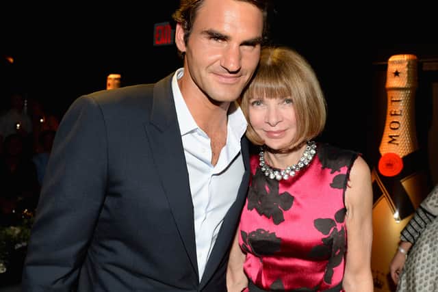 NEW YORK, NY - AUGUST 20:  Professional Tennis Player Roger Federer (L) and Vogue Editor-in-Chief Anna Wintour attend Moet & Chandon Celebrates Its 270th Anniversary With New Global Brand Ambassador, International Tennis Champion, Roger Federer at Chelsea Piers Sports Center on August 20, 2013 in New York City.  (Photo by Andrew H. Walker/Getty Images for Moet & Chandon)