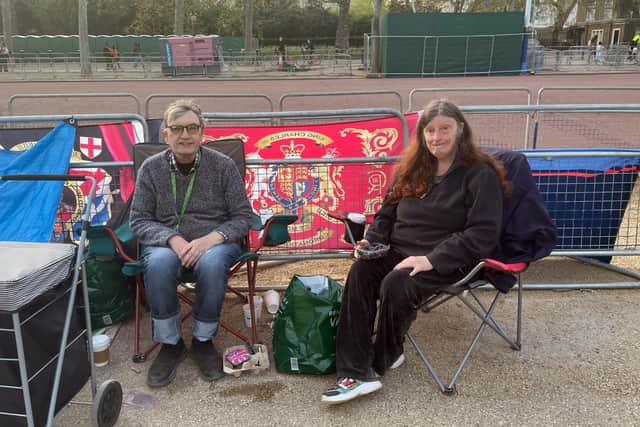 Sky London (left) and Carol Foster (right) who are camping out on the Mall ahead of the coronation of King Charles III. Picture: Luke O’Reilly/PA Wire
