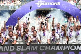 Marlie Packer lifts the Grand Slam trophy on Six Nations Super Saturday