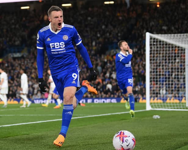Leicester’s Jamie Vardy celebrates scoring against Leeds to make scoreline 1-1