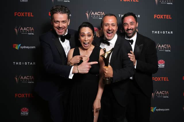 Jock Zonfrillo, Melissa Leong, Executive Producer MasterChef Australia at EndemolShine Marty Benson and Andy Allen pose with the AACTA Award for Best Reality Program in the media room during the 2020 AACTA Awards presented by Foxtel at The Star on November 30, 2020 in Sydney, Australia. (Photo by Lisa Maree Williams/Getty Images for AFI)