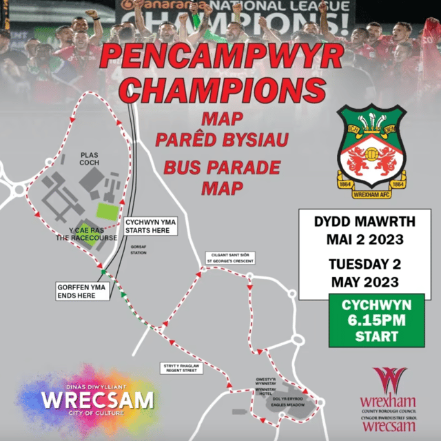 The official route for the Wrexham AFC open-top bus victory parade on Tuesday, 2 May - Credit: Wrexham AFC