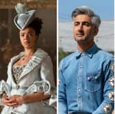 India Amarteifio as Queen Charlotte in Queen Charlotte: A Bridgerton Story; Tan France in Queer Eye; Anna Cathcart as Kitty in XO Kitty (Credit: Netflix)