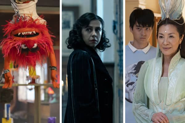 Animal as itself in The Muppets Mayhem; Bel Powey as Miep Gies in A Small Light; Jimmy Liu as Wei-Chen and Michelle Yeoh as Guanyin in American Born Chinese (Credit: Disney+)