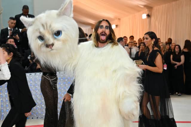 Jared Leto's Karl Lagerfeld-inspired Met Gala 2023 ensemble paid tribute to the designer's famous cat - Credit: Getty