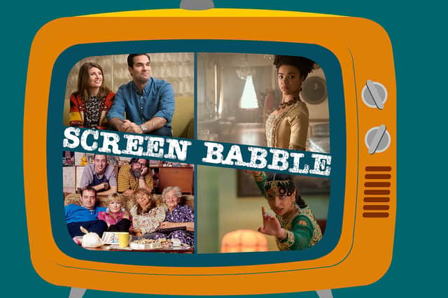 The orange Screen Babble television, featuring images from Catastrophe, Queen Charlotte: A Bridgerton Story, Polite Society, and The Royle Family as discussed in Screen Babble episode 24 (Credit: NationalWorld Graphics)