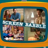 The orange Screen Babble television, featuring images from Catastrophe, Queen Charlotte: A Bridgerton Story, Polite Society, and The Royle Family as discussed in Screen Babble episode 24 (Credit: NationalWorld Graphics)