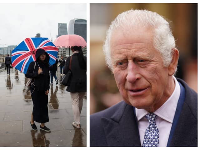 Rain could be considered 'lucky' for King Charles's coronation on May 6. Photographs by Getty