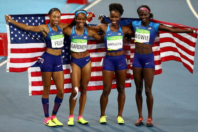 Bowie celebrates winning golf at 4x100m relay at Rio Olympics 2016