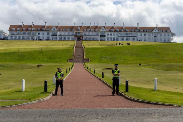 TURNBERRY, SCOTLAND - MAY 02: General view of Trump Turnberry hotel, Turnberry on May 2, 2023 in Turnberry, Scotland.  Former U.S. President Donald Trump is visiting his golf courses in Scotland and Ireland. Back in the United States, he faces legal action on 34 counts of falsifying business records. (Photo by Robert Perry/Getty Images)