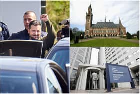 (Clockwise from left) Zelensky visits The Hague, the International Court of Justice and the entrance to the International Criminal Court (Photos: Getty Images)