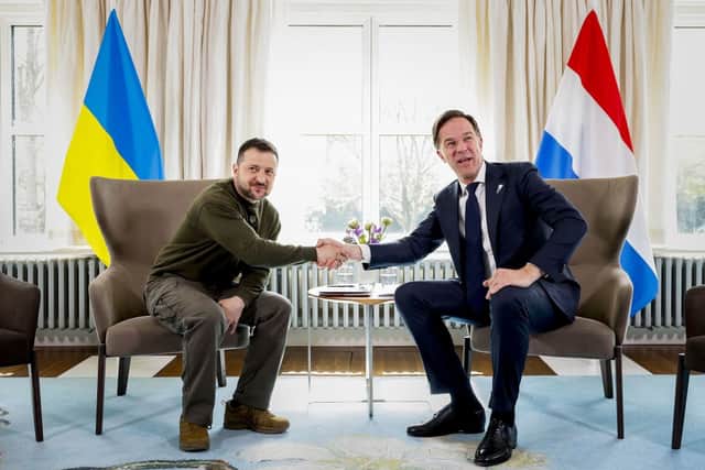 Dutch Prime Minister Mark Rutte (R) shakes hands with Ukrainian President Volodymyr Zelensky (L) at the Catshuis on May 4, 2023, as part of Ukrainian president’s first visit to Netherlands. Credit: Getty Images
