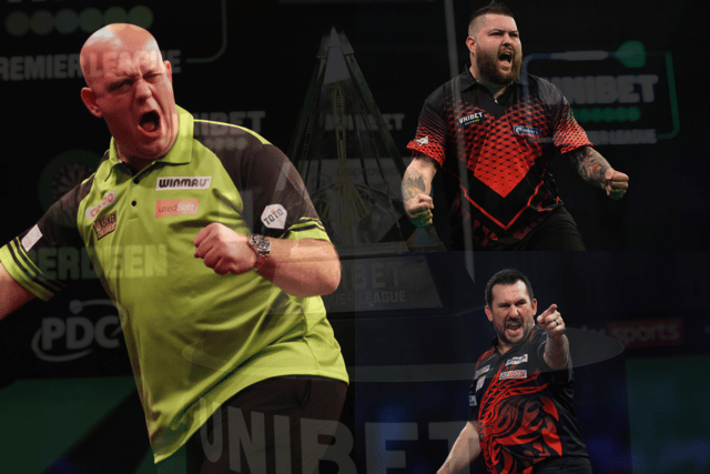 Michael van Gerwen, Michael Smith and Jonny Clayton will join Gerwyn Price in the Cazoo Premier League Darts play off stage - Credit: Getty