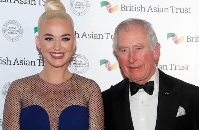 FEBRUARY 04: Prince Charles, Prince of Wales, Royal Founding Patron of the British Asian Trust poses with American musician Katy Perry as they arrive to attend a reception for supporters of the British Asian Trust on February 4, 2020 in London, England. (Photo by Kirsty Wigglesworth - WPA Pool/ Getty Images)