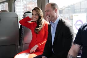 LONDON, ENGLAND - MAY 04: Prince William, Prince of Wales and Catherine, Princess of Wales travel on London Underground's Elizabeth Line in central London, on their way to visit the Dog & Duck pub in Soho to hear how it's preparing for the coronation of King Charles III and the Queen Consort, on May 4, 2023 in London, England. (Photo by Jordan Pettitt - WPA Pool/Getty Images)