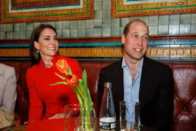 LONDON, ENGLAND - MAY 04: Prince William, Prince of Wales and Catherine, Princess of Wales chat to local business people as they visit the Dog and Duck pub in Soho ahead of this weekend's coronation on May 4, 2023 in London, England. (Photo by Jamie Lorriman - WPA Pool/Getty Images)