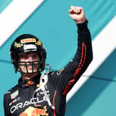 Max Verstappen celebrates his Miami win in May 2022