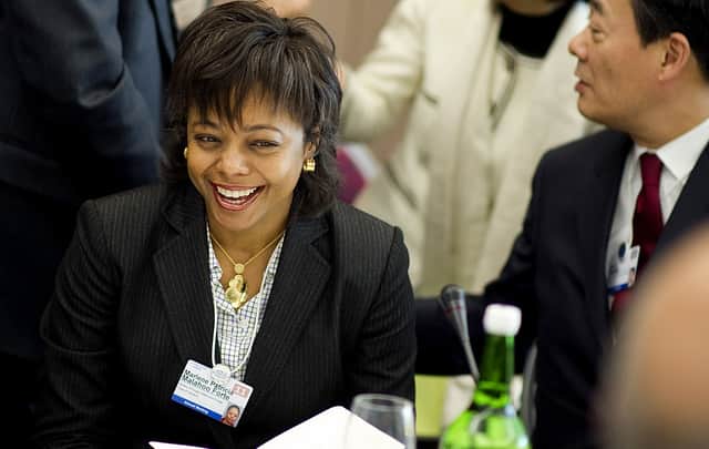 Marlene Malahoo Forte at the World Economic Forum (WEF) annual Meeting on January 29, 2011 in Davos. (Photo by JOHANNES EISELE/AFP via Getty Images)