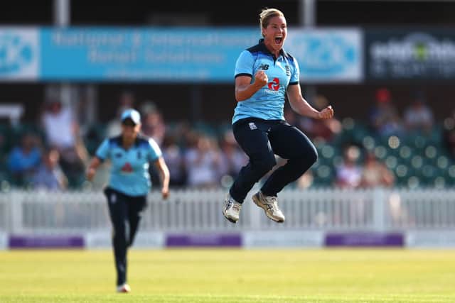 Katherine Sciver-Brunt celebrates the wicket of Meg Lanning in 2019