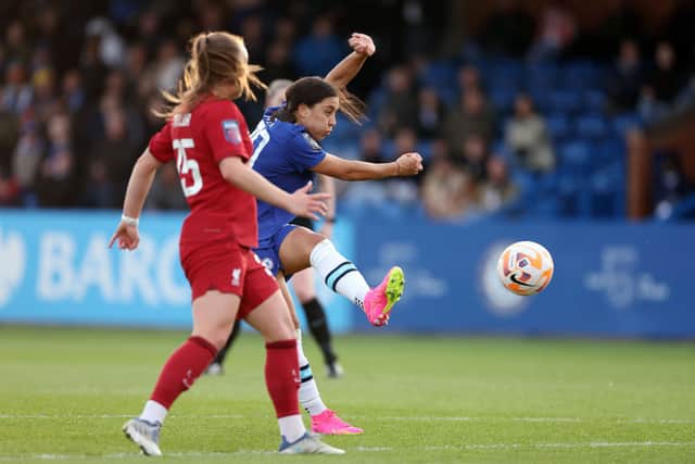 Sam Kerr scores for Chelsea against Liverpool as Blues edge closer to title