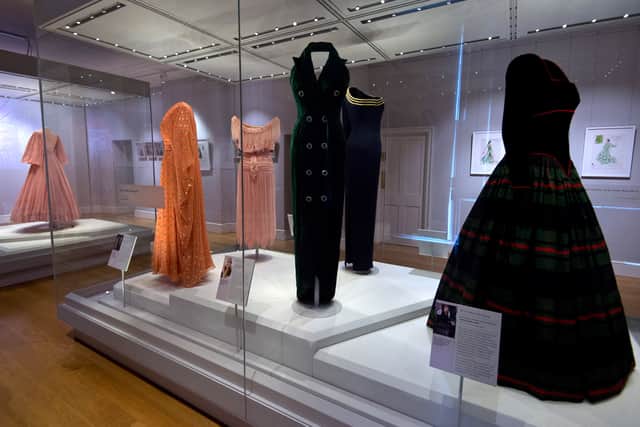 A Catherine Walker dress that was worn by Princess Diana is displayed at the Fashion Rules Exhibition at Kensington Palace on February 9, 2016 in London, England. (Photo by Ben Pruchnie/Getty Images)